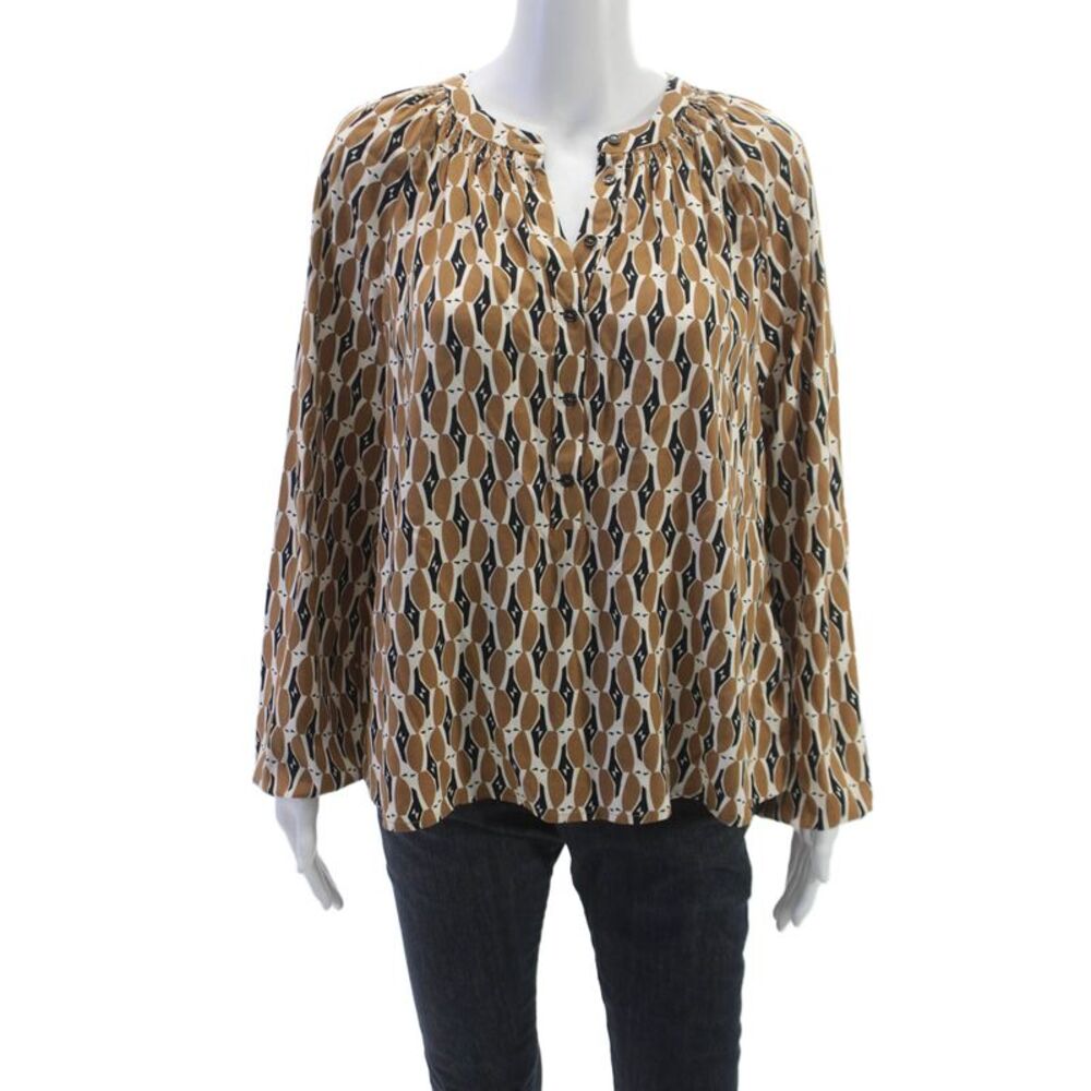 Yerse Women Brown V Neck Geometric Viscose Basic Blouse Long Sleeve Size S